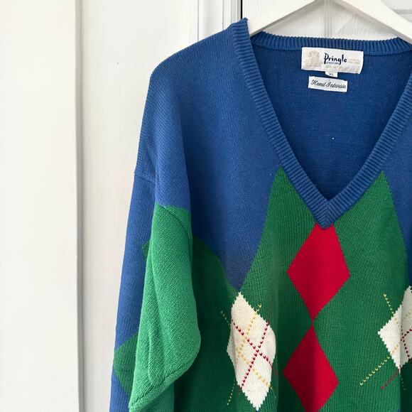 Pringle Scotland Hand Intarsia Cotton Vintage Blue Red Green Argyle Sweater XL - Picture 2 of 10